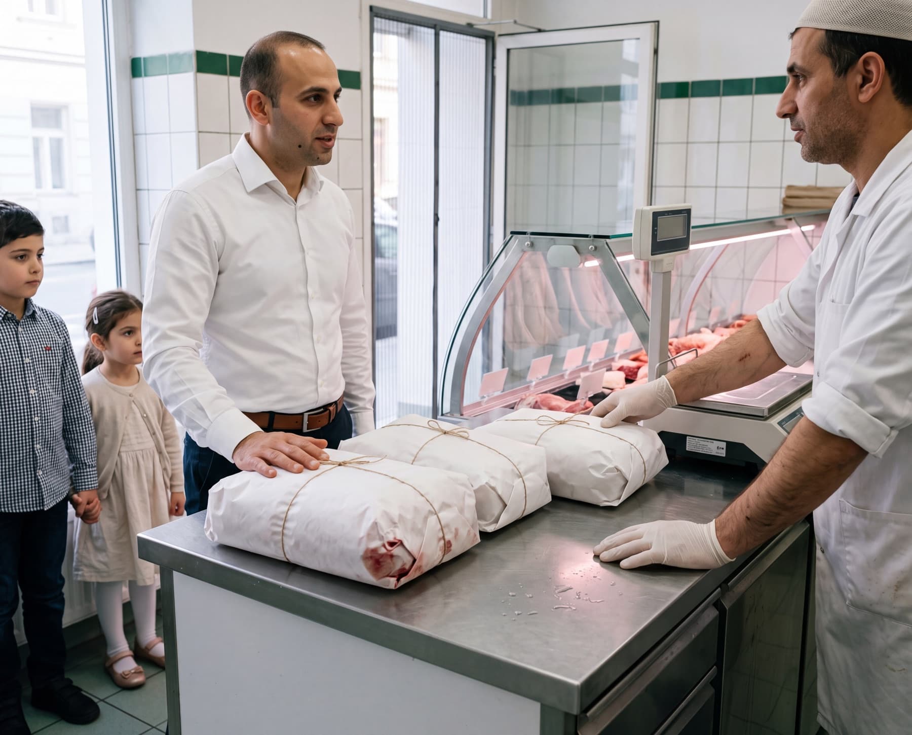 Ein Vater mit zwei Kindern in einer Fleischerei, auf der Theke liegen drei eingepackte Fleischpakete